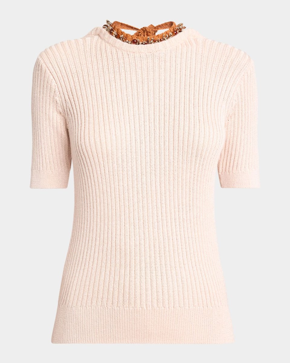 Tonia Beaded Short-Sleeve Low-Back Sweater